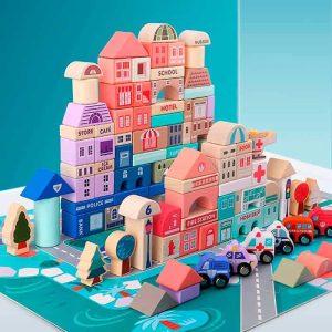 BlockCity, különböző alakú építőkockák készlete praktikus dobozzal és játékszőnyeggel